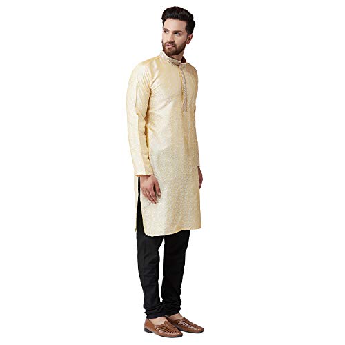 Image of SOJANYA (Since 1958 Mens Maroon Jacquard Silk Kurta and Black Churidaar Pyjama Set