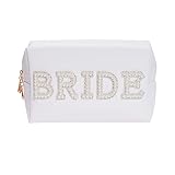 Heliltd Bride Patch Cosmetic Bag PU Travel Toiletry Bag Pearl Rhinestone Letter Patch Makeup Bag for