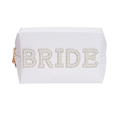 Heliltd Bride Patch Cosmetic Bag Pu Travel Toiletry Bag Pearl Rhinestone Letter Patch Makeup Bag For Women Girls Bride To Be Engagement Bridal Shower Gift #TOP13
