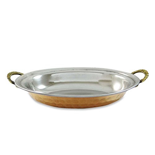 ibaexports Steel and Copper Oval Bowl Dish Tray Serving Ware Smooth Surface with Handles