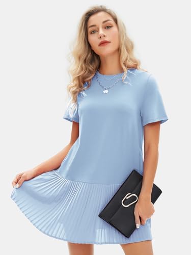 Image of EXLURA Womens Summer Casual Short Sleeve Dress Crewneck Tshirt Dresses Pleated Aline Mini Dress 2025 Vacation Beach Sundress