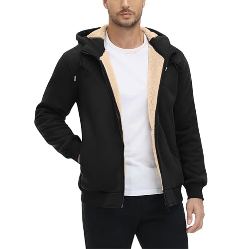 Fall Winter Coats for Mens Sherpa Fleece Lined Sweatshirt Jackets with Hood Pockets Zip Up Solid Color Outerwear