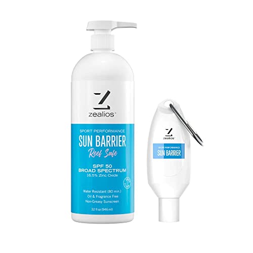 Zealios Reef Safe Sun Barrier Broad Spectrum Spf 50 Zinc Sunscreen (32 Oz) + 2 Oz Tottle - Water-Resistant & Non-Greasy Active Sport Sunblock Lotion Paraben-Free Sunscreen #TOP9