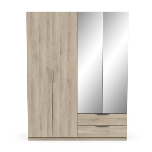 Grande Armoire Chambre Adulte 4 Portes Avec 2 Miroirs 2 Tiroirs & 6 Niches – Coloris Chêne Kronberg & Finitions Argent - 157 x 203 x 51 cm