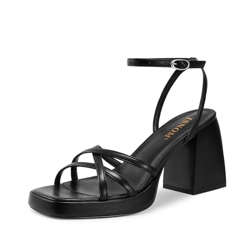 Image of ISNOM Platform Heels for Women Block Chunky Sandals Strappy Ankle Strap | Platform Heels with Square Toe and Ankle Strap. Comfortable Chunky Sandals for Weddings, Parties, and Daily Wear