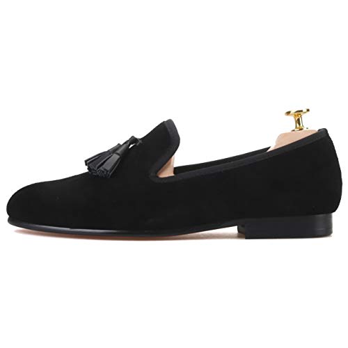 FERUCCI Men Black Suede Slippers Loafers Flat with Black Leather Tassel4