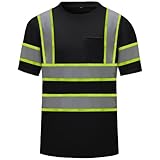 DPSAFETY High Visibility Shirts Quick Dry Safety T Shirts with Reflective Strips and Pocket Short Sleeve Mesh Hi Vis Construction Work Class 2 Shirt for Men/Women Black,Large