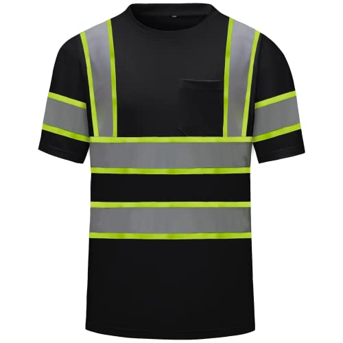 DPSAFETY High Visibility Shirts Quick Dry Safety T Shirts with Reflective Strips and Pocket Short Sleeve Mesh Hi Vis Construction Work Class 2 Shirt for Men/Women Black XL