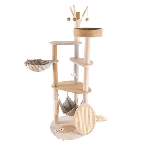 FYDN 猫用クライミングフレーム キャットタワー 猫のおもちゃ 猫の爪とぎポスト 木製猫用クライミングフレーム 大型猫に適しており、とてもキュートでスタイリッシュ、シンプル 登りやすい、ハンモック、展望台、猫の家 ポンポン麻ロープ 猫の爪とぎポスト 運動