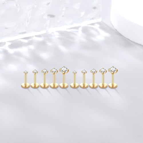 Image of Oveta 18G Gold Nose Stud Threadless Flat Back Tragus Earrings for Women 1 /4 inch Bar Stainless Steel