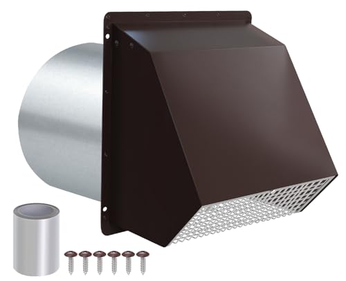 Image of 8 Inch Hooded Wall Vent with Screen and Damper,Outdoor Wall Exhaust Vent Cover Wall Cap for Exterior Kitchen Range Hood Ventilation Dryer HVAC Duct Air Exhaust, Galvanized Steel, Brown