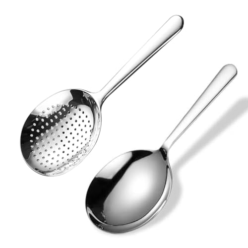 KKU-MIM Skimmer & Ladle Set, Korean Style Serving Ladles, 1x Serving Ladle Spoon, 1 x Skimmer with hole, Stainler, 18/10 Stainless Steel, 7Inch Length, Silver,