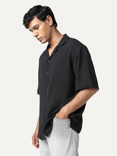 Image of Urbano Fashion Men's Cotton Half Sleeve Relaxed Fit Textured Shirt with Cuban Collar