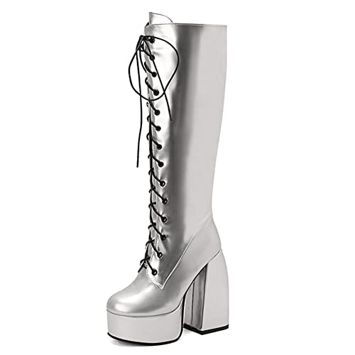 Women's Platform Heel Boots Lace Up GOGO Boots Metallic Knee High Boots