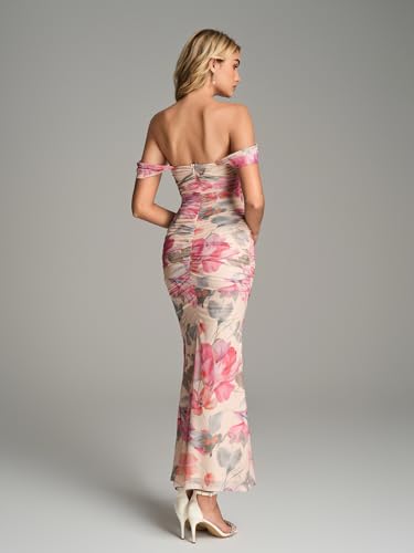 Image of KUTUMAI Off The Shoulder Maxi Long Dress Corset Ruched Bodycon Cocktail Formal Wedding Guest Dresses for Women