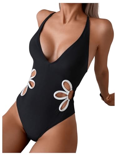 SweatyRocks Women's Halter One Piece Swimsuits Cut Out Deep V Neck Tummy Control Backless Bathing Suit3