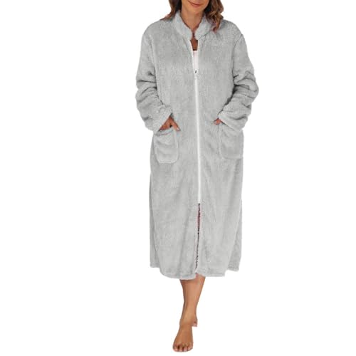 Mrat Damen-Bademantel aus Fleece, flauschig, superweich, mit Reißverschluss, langärmelig, warm, gemütlich, wadenlang, Bademantel, bequem,...