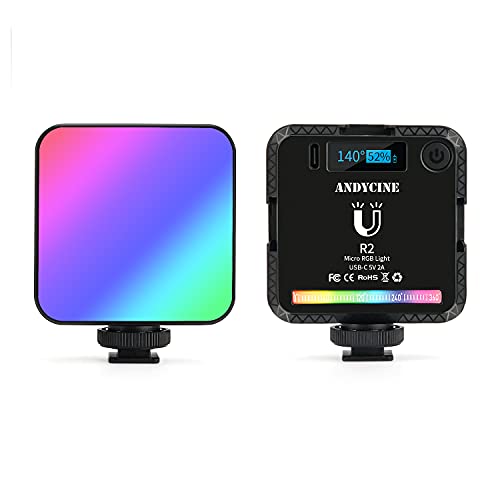 ANDYCINE Mini lumière R2 RVB avec 3 supports de griffe, 2500-9000 K, luminosité réglable 0-100 %, rechargeable de type C, lumières vidéo en couleur à 360 ° avec absorption magnétique Cover