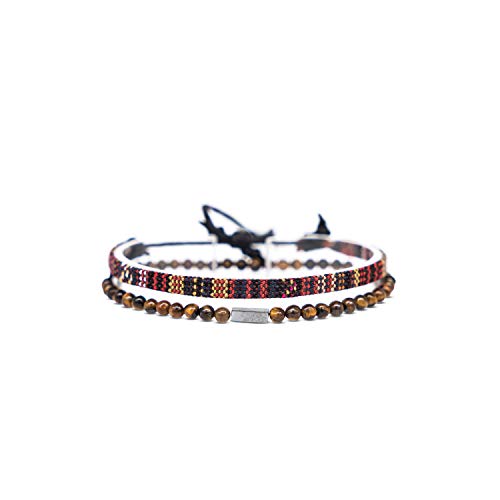 Made by Nami 2 Pcs Boho Surfer Bracelets for Men and Women Waterproof and Adjustable Beach Bracelets for Men and Women Set of 2 Beaded & Braided (Tiger-Eyes & Brown)