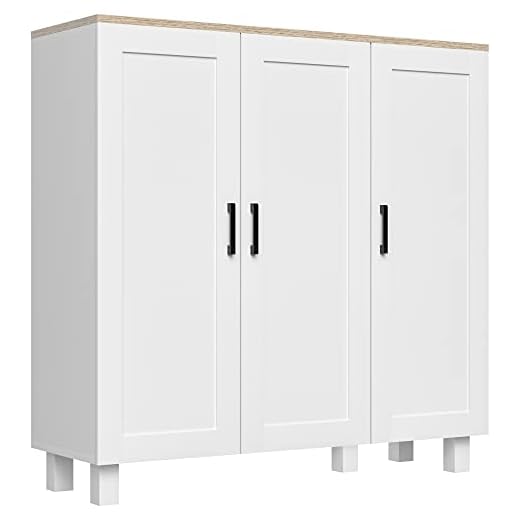 HOMCOM Armario de Salón Moderno Armario de Almacenaje con 3 Puertas Estantes Ajustables y Base Elevada para Cocina Comedor Pasillo Dormitorio Dispositivo Antivuelco 90x30x90 cm Blanco
