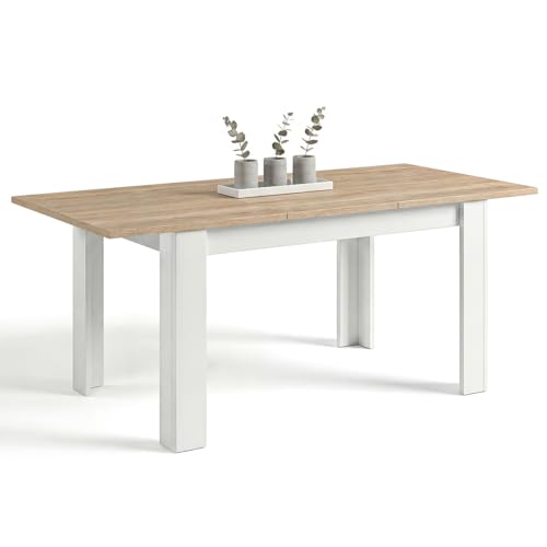 duehome | Mesa de Comedor Extensible, Mesa Rectangular, Modelo Sira, Acabado en Blanco Artik y Roble Canadian, Medidas: 140-190 cm (Largo) x 90 cm (Ancho) x 78 cm (Alto)