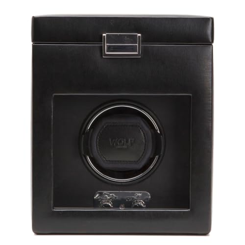 Wolf Heritage Single Winder with Storage Black - Secure Fit with Patented Lock-in Dynamic Cuff - for Bigger Heavier Watches - Vegan Leather & Glass Cover - Includes Universal Adapter