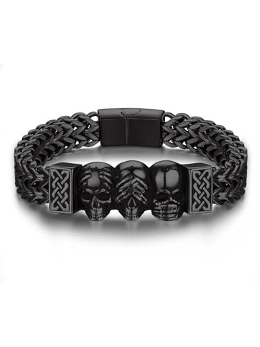 Bandmax Mens 8 Inch Hand Chain Chunky Black Wheat Chain Bracelet with Skull Skeleton Pendant Heavy Metal Wirstlet Skull Wristband Biker Rapper Hand Chain for Men