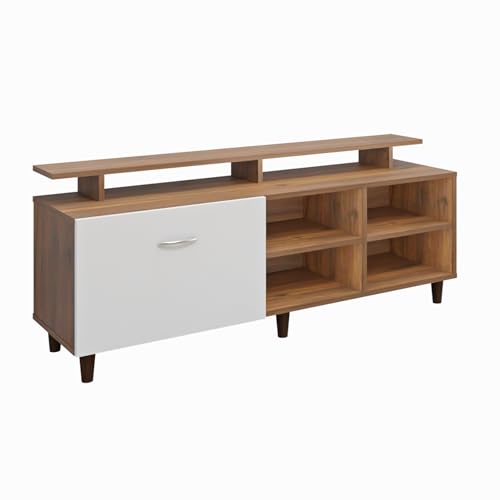 Image of VIKI Modern TV Unit for Living Room | Engineered Wood TV Cabinet with 1 Drawer Storage, 2 Open Shelves & Extension, Entertainment Unit, 140W x 48H x 40D cm | DIY | 1 Year Warranty (Walnut & White)