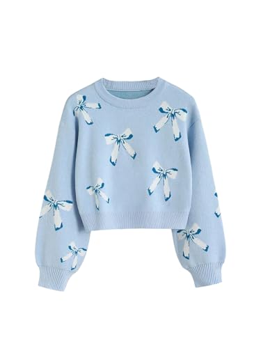 Image of WDIRARA Girl's Cute Bow Sweater Crew Neck Long Sleeve Pullover Knit Tops