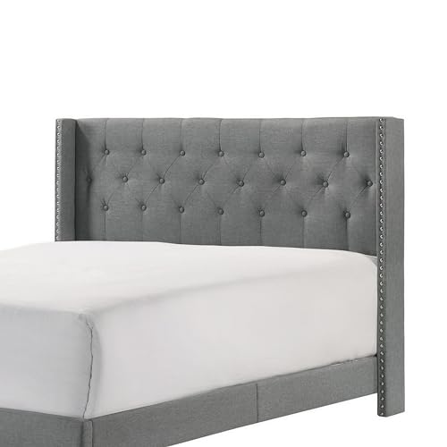 Benjara Lih Full Bed, Tufted Headboard, Wood Frame, Fabric, Legs, Gray and Black - Thumbnail 4