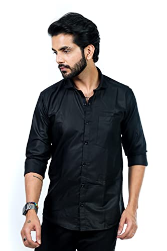 Image of HARPITA Men's Solid Regular Fit Cotton Casual Shirt with Spread Collar & Full Sleeves