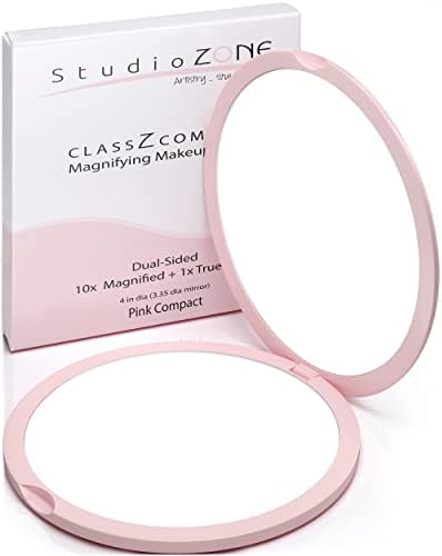 StudioZONE Compact Mirror for Purses - 10X Magnifying Mirror - Pink Compact Mirror - Perfect Magnification for Travel - 2-Sided - 10X Makeup Mirror and 1x True View - Gifts for Women – 4" Diameter