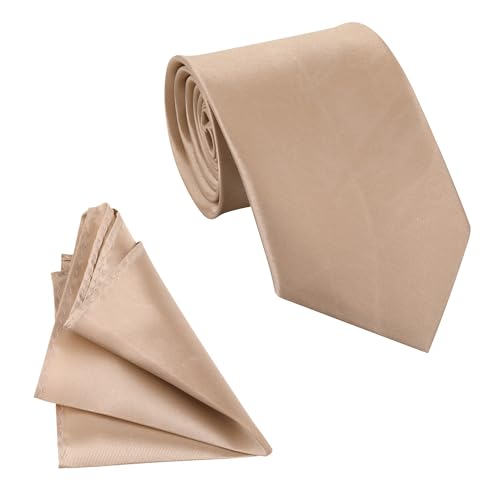 Trimming Shop Solid Satin Neck Tie and Pocket Square Set for Men 149 x 8cm Classic Tie with Handkerchief Business Plain Necktie Handkerchief Set for Wedding, Birthday Party, Formal & Casual - Beige