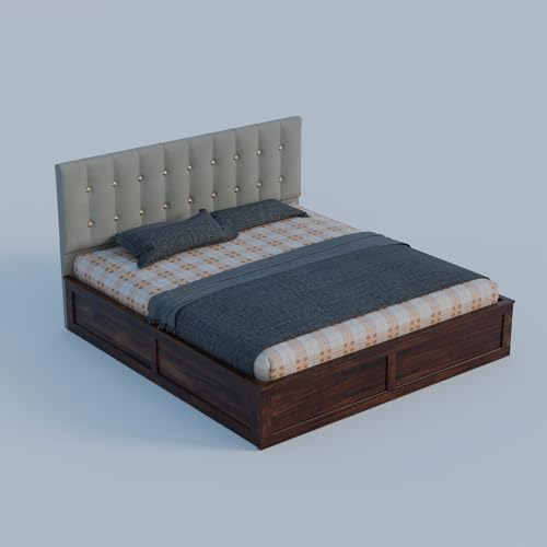 Image of Sheesham Wood King Size Bed with Storage Box | Upholstered Beds | Platform Cot with Cushioned Headboard | Double Bed for Home | Recommended Mattress 78x72 Inch | Grey & Walnut Finish