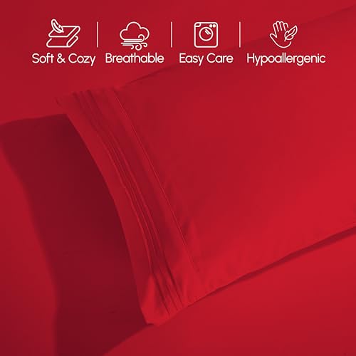 Image of Elegant Comfort Luxurious 1500 Premium Hotel Quality Microfiber Three Line Embroidered Softest 4-Piece Bed Sheet Set, Wrinkle and Fade Resistant, Full, Red