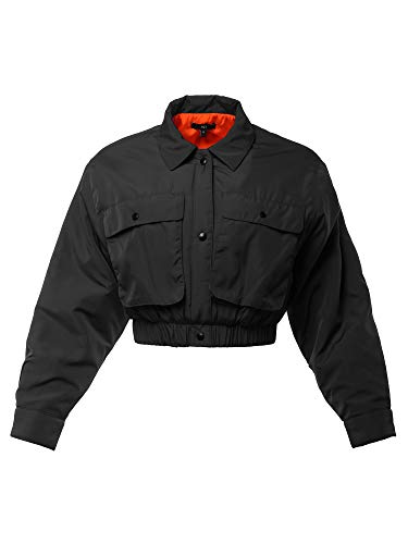 Women's Cropped Front Two Pocket Snap Quilted Padding Bomber Jacket