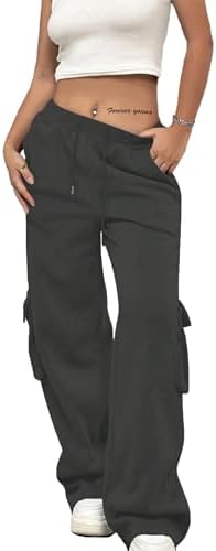 SOFIA'S CHOICE Women's Drawstring Cargo Sweatpants High Waist Wide Leg Fleece Lined Pants with Pockets