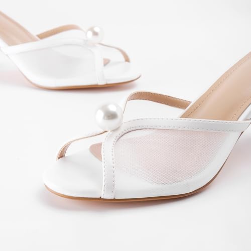 Peep Toe Mule Heels for Women Pearl Kitten Heels Dressy Comfortable Slip On Mesh Heeled Sandals Wedding Party4