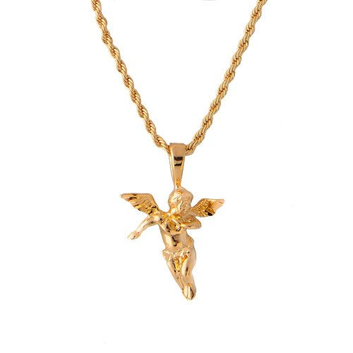 Doublebeez Jewelry Yellow Gold Tone Cherub Guardian Angel and Rope Chain Necklace