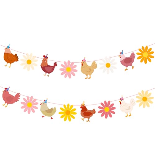 Chicken and Daisy Banners Chicken Birthday Party Decorations 2PCS Chick Hen Boho Flower Cutout Banner Farm Theme Decor for The Chick is One Birthday Party Supplies