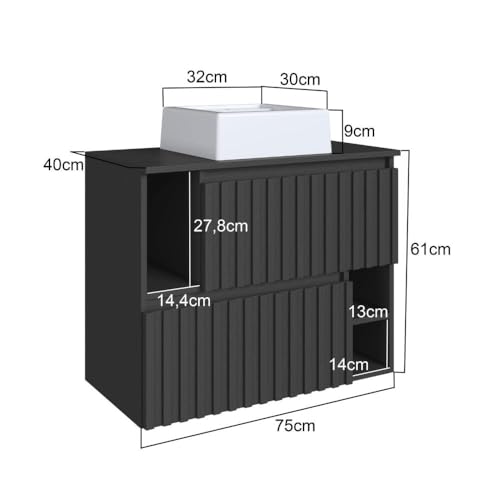 Gabinete de Banheiro Suspenso 75cm Luiza com 2 Portas Basculante com Cuba Grafite