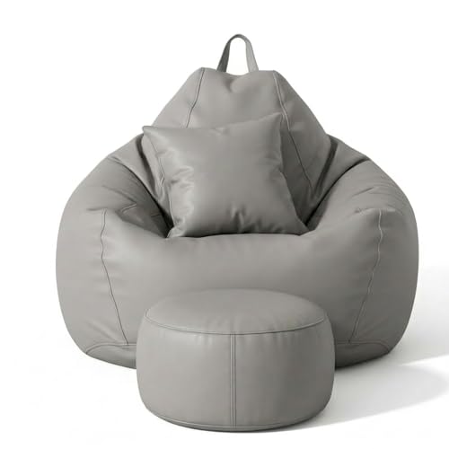 Image of 5XL Premium Leatherette Bean Bag with Rectangular Footrest & Cushion | High Density EPS Beans Filled | Teardrop Shape with Handle | 6 Months Warranty (Grey, 5XL Combo Pack, Solid)