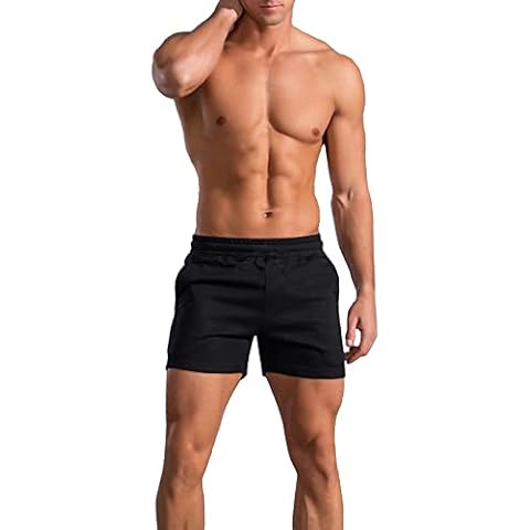GYMAPE Men's Bodybuilding Gym Workout Shorts 5 inch Running Sports Fitness Cotton Black M Cover