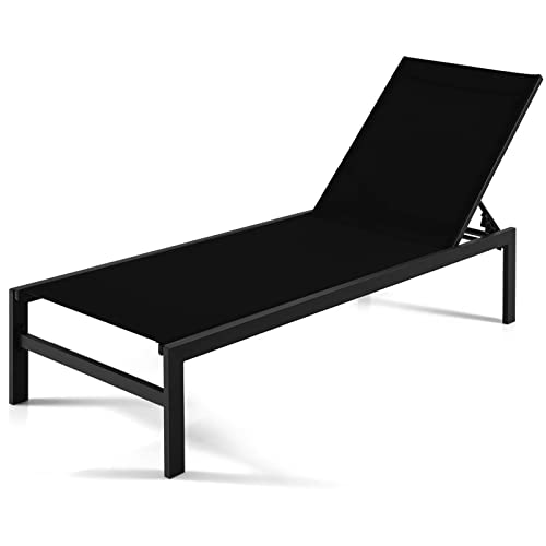 GIANTEX Patio Chaise Lounge Chair, Outdoor Sunbathing Chair Lawn Reclining Lounger with 6 Adjustable Position, Aluminium Frame, Outside Tanning Chairs for Deck,Yard, Pool Lounge Chairs (1, Black)