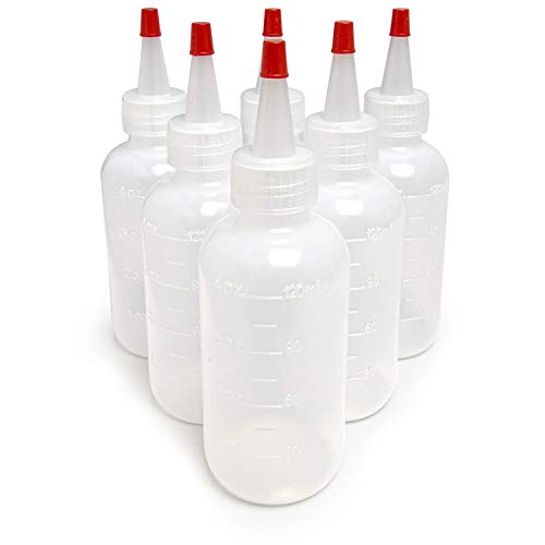 Plastic Bottles 120mL with Red Tip Caps and Measurements - Small Mini Squeeze Dispensing Bottle for Arts and Crafts, Paint, Icing, Liquids, Condiment, Glue, Sauces, and More ?- 6 Pack / 4 Ounce