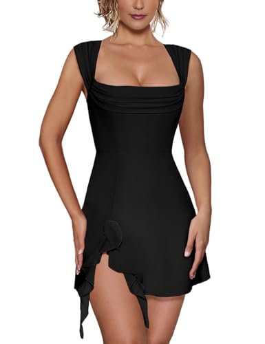 HESUUIO Womens Sexy Square Neck Mini Dress Elegant Sleeveless Bodycon Side Slit Ruffle Club Party Short Dresses
