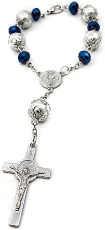 Nazareth Store Saint Benedict Rosary with Clear Crystal Beads Evil Protection Medal for Car Rearview Mirror (Blue)