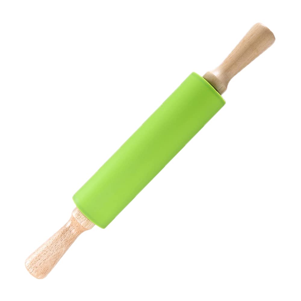 Kitchen Silicone Rolling Pin, Rotating Embossed Biscuit Wooden Large Non Stick Smooth Dough Roller for Kitchen Use, Baking, Children (Green)