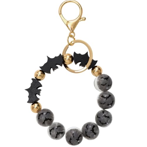Halloween Wooden Beaded Keychain Skeleton Bat Pumpkin Ghost String Keychain Fun Halloween Accessories for Women Men-A