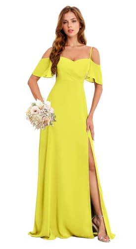 Image of A Line Chiffon Bridesmaid Dresses with Slit Off The Shoulder Formal Evening Gowns US22W HGR93 Yellow